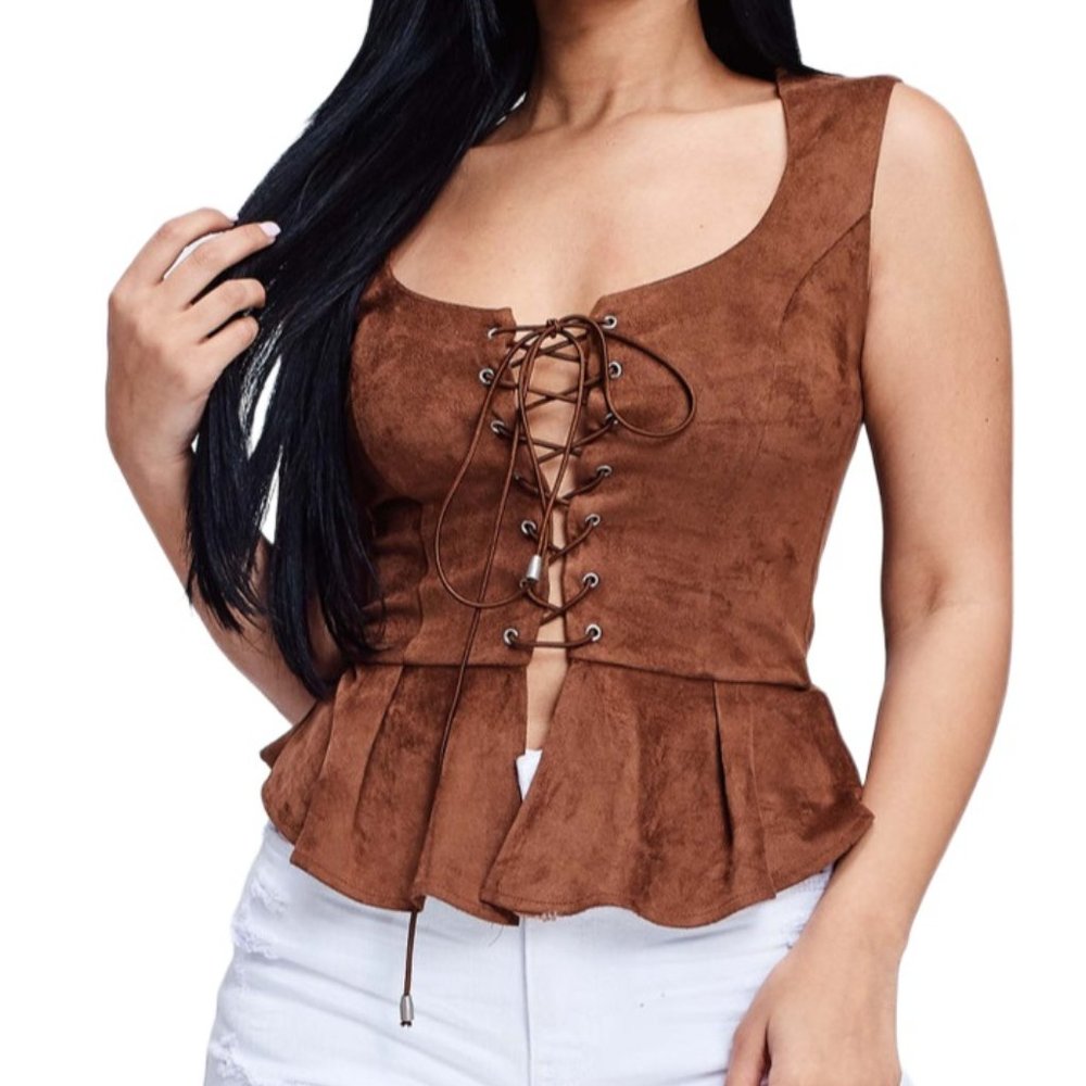 Women's Brown Suede Lace Up Peplum Top